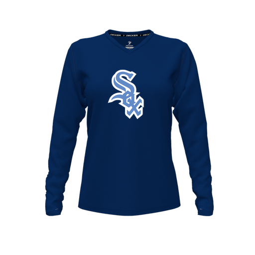 [CUS-DFW-TEES-PER-VNK-LSL-NVY-FYXS-LOGO1] Performance T-Shirt (Female Youth XS, Navy, V Neck, Logo 1, Long Sleeve)
