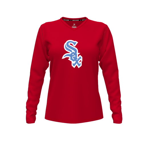 [CUS-DFW-TEES-PER-VNK-LSL-RED-FYXS-LOGO1] Performance T-Shirt (Female Youth XS, Red, V Neck, Logo 1, Long Sleeve)