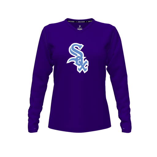 [CUS-DFW-TEES-PER-VNK-LSL-PUR-FYXS-LOGO1] Performance T-Shirt (Female Youth XS, Purple, V Neck, Logo 1, Long Sleeve)